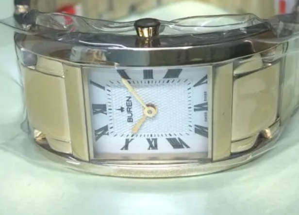 BUREN Gold Plated Ladies Watch - Rectangular Dial / White Face / Roman Markers